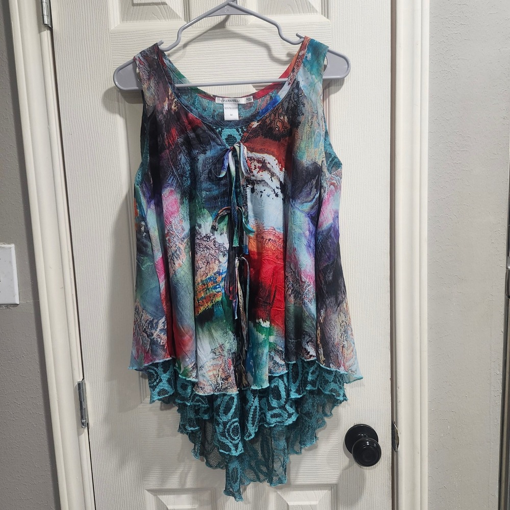 Feratelli Womens Abstract Print Crochet Lace Trim High Low Tunic Top size M